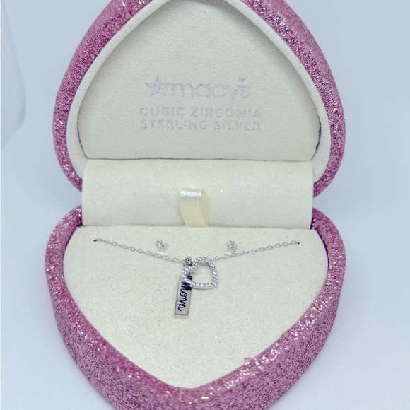 NWT Macy’s Sterling Silver Cubic Zirconia Necklace & Earring Boxed Set - Picture 3 of 4